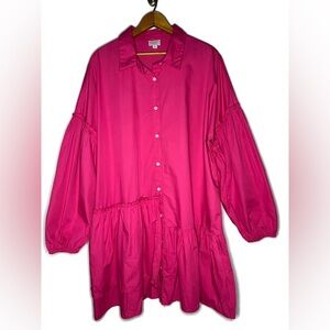 Mud Pie Mary Ruffle Dress Hot Pink Size Large Oversized Long Sleeves Buttons
